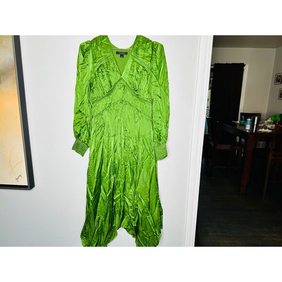 ALLSAINTS Estelle Green Satin Silk Long Sleeve Handkerchief Midi Dress Size 8 - Picture 3 of 14